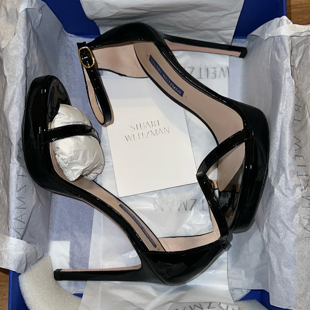 Stuart Weitzman Black Patent Leather High Heel Sandals